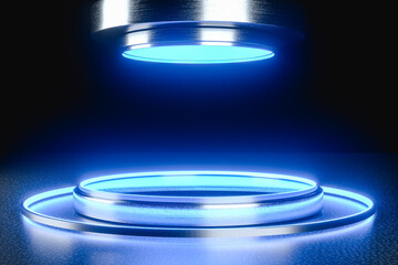 Poster - 3D Illustration. Futuristic product platform with neon glowing lights