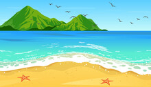 Tropical Blue Sea And A Sand Beach With Mountain On Horizon, Vector Background.
