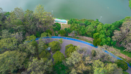 Aerial view of Ibirapuera Park in São Paulo, Brazil.
Park with preserved green area. Residential and commercial buildings in the background