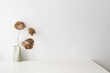 White desk with  minimal vase with a decorative dried branches, flower against white wall.