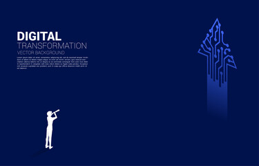 Poster - Silhouette of businessman looking through telescope with the way with dot connect line circuit. concept of digital transformation of business