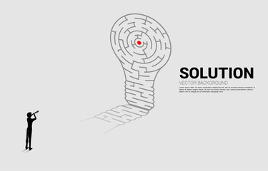 Poster - Silhouette of businessman looking through telescope standing with Light bulb from maze game. Business concept for problem solving and finding idea.