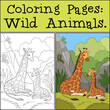 Coloring Pages: Wild Animals. Mother giraffe lays with her little cute baby giraffe. They smile.