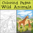 Coloring Pages: Wild Animals. Mother giraffe stands with her little cute baby giraffe. They smile.