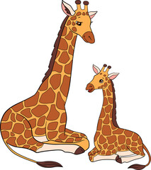  Cartoon wild animals. Mother giraffe with her little cute baby giraffe. They smile.