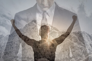 Wall Mural - Strong determined man with hand raised to the sky. People power, victory concept. double exposure