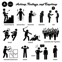 Stick Figure Human People Man Action, Feelings, And Emotions Icons Starting With Alphabet A. Ascend Stairs Air, Ascertain, Ashamed, Ask, Assail, Assault, Assemble, Assent, Assert, And Assess.