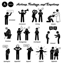 Stick Figure Human People Man Action, Feelings, And Emotions Icons Starting With Alphabet A. Announce, Annoy, Anoint, Anxious, Antagonise, Anticipate, Answer, Apologize, Appeal, Appear, And, Appease.