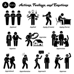 Stick figure human people man action, feelings, and emotions icons starting with alphabet A. Applaud, applied, apply cream, application form, appoint, appraise,   appreciate, apprehend, approve.