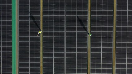 Wall Mural - professional engineer using drone and digital tablet maintaining solar cell panels together on build