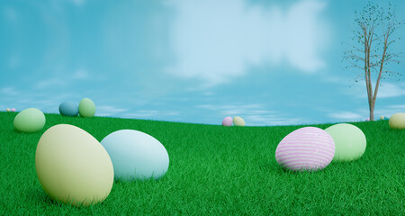 Wall Mural - 3d rendering of Easter eggs resting on a grassy meadow with blue sky and birch tree.