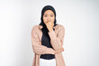 worried muslim asian woman gesture on isolated background