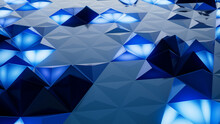 Illuminated, Blue Abstract Surface With Tetrahedrons. Modern, Neon 3d Background.