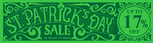  St Patricks Day Sale Banner Template. Vintage Retro Typography On Green Background. St. Patrick's Day. Shamrock Leaf Clover. Vector Illustration.