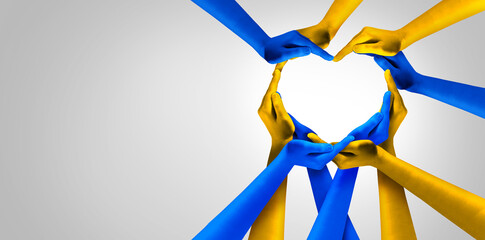 Wall Mural - Ukraine And Ukrainian Unity European partnership as heart hands in a group of people connected together shaped as a support symbol expressing the feeling of pride and love for Kyiv