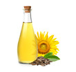 Sunflower seed oil with seeds and flower isolated on white background.