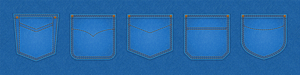 denim patch pockets, design elements for jeans garment of blue colors with stitches and rivets. text