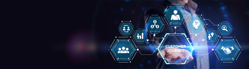 Inscription Customer journey on the virtual display. Business Technology Internet and network concept