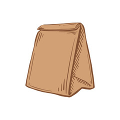 Delivery bag brown sketch. Paper Bag for Grocery Shopping. Packaging for breakfast. Vector hand drawn illustration.