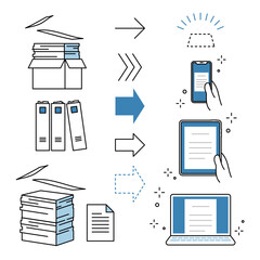 ペーパーレス・書類電子化のビジネスアイコンセット 書類の山と矢印とスマートフォン・タブレット・PCのデジタルデバイス