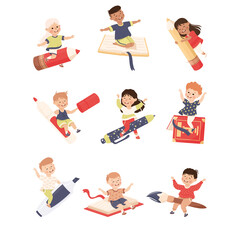 Sticker - Little Kid Flying on Book and Pen Ready to Study Vector Set