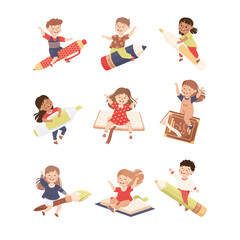 Sticker - Little Kid Flying on Book and Pen Ready to Study Vector Set