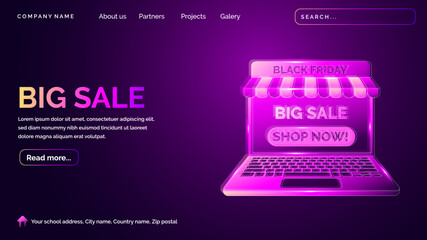 Online shop landing page with technology hologram style in dark background