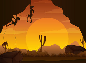 Canvas Print - Flat silhouette rock climbing in nature background