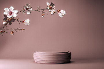 Minimal luxury podium in pink wall background with spring flowers. Concept display scene stage platform showcase, product, sale, banner, presentation, cosmetic. 3D render, social media