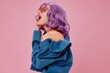 Beauty Fashion woman purple hair fashion glasses denim clothing pink background unaltered