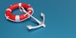 Boat safety equipment. Lifebuoy and navy anchor on blue background, copy space. 3d render