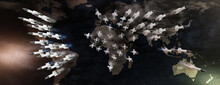 Nuclear Weapon. Rocket On World Map Background, Banner. Cold War, World War Threat. 3d Render