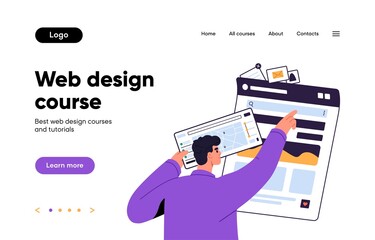 Poster - Landing page template for website. Web-site background, interface layout. Wireframe of education platform homepage for UI UX design courses with menu, elements and buttons. Flat vector illustration