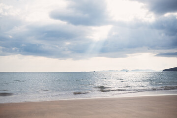 Wall Mural - Landscape image of tropical white beach with blue sea and sky background