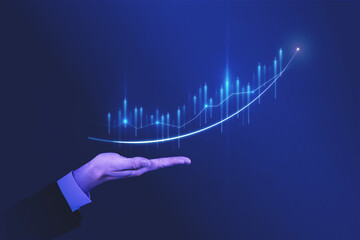 Poster - Close up of hand holding glowing business chart on dark blue background. Stock, market and trade concept. Double exposure.