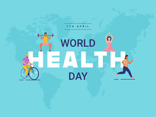 7th April, World Health Day Font With Cartoon People Character In Different Activities On Blue World Map Background.