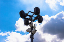 Loudspeakers, Surveillance Cameras On A Pole. New York. 03.08.2021