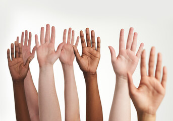 Poster - True support. Cropped shot of a group of hands reaching up together.