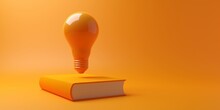 Orange Light Bulb Floating Above Stack Of Orange Books Over Orange Background, Education, Intelligence Or Idea Concept