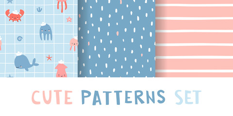 Wall Mural - set of cute baby marine patterns. blue and pink seamless vector prints collection for kids fabric.