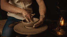 Man Makes Plate In Pottery Workshop, Clay Product, Authentic Atmosphere, Background, Footage. Lifestyle, Indoor, Cinema. Macro, Close-up, Hands. Banner
