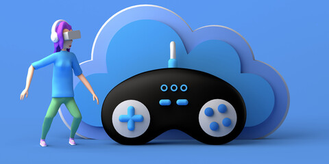 Poster - Woman floating playing with virtual reality goggles with game console controller in the cloud online. Copy space. 3D illustration. Cartoon.