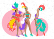 © master1305 - Three excited, slim girls wearing drawn colorful carnival costumes on abstract background. Concept of festival, holidays, art, fashion