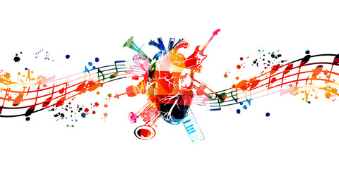 Wall Mural - Love and passion for music background. Human heart with colorful musical notes and instruments poster for live concert events, music festivals and shows, party flyers vector illustration