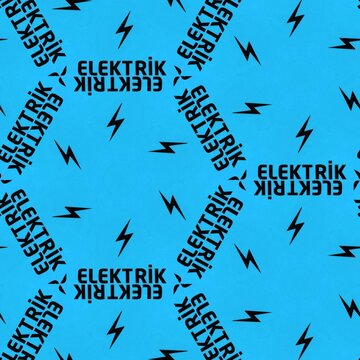 hexagonal design of lightening bolt symbol with letters spelling ELEKTRIK in black on a vivid plain turquoise blue background