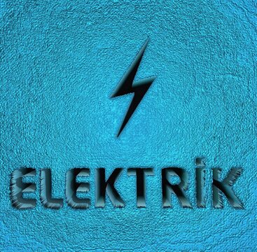 height map textured design of lightening bolt symbol with letters spelling ELEKTRIK in black on a vivid plain turquoise blue background