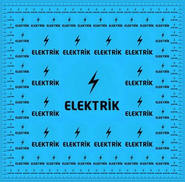 magic carpet size reduction design of lightening bolt symbol with letters spelling ELEKTRIK in black on a vivid plain turquoise blue background