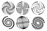 Fototapeta Abstrakcje - Set of spirals, Design elements, dotted abstract patterns. Spiral swirl, twist points, vortex halftone. Vector templates of circular radial rotation lines.