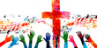 © abstract - Christian cross with hands and musical notes isolated vector illustration. Religion themed background. Design for Christianity, prayer and care, church choir, church service, communion, charity, help