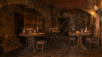 Poster - Tables lit by candles in a dark corner of an old medieval fantasy inn. 3D illustration.